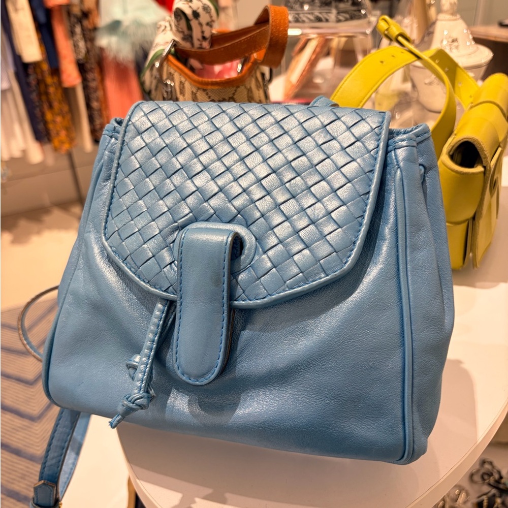 Bottega Veneta Light Blue/Aqua Intrecciato Flap Leather Backpack w/ COA